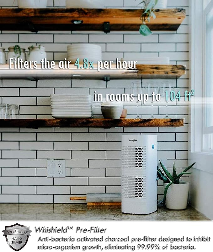 Whirlpool, WPT60P Whispure True Hepa Air Purifier, Activated Carbon Advanced Anti-Bacteria, Ideal for Allergies, Odors, Pet Dander, Mold, Smoke, Wildfire, and Germs, Medium, White