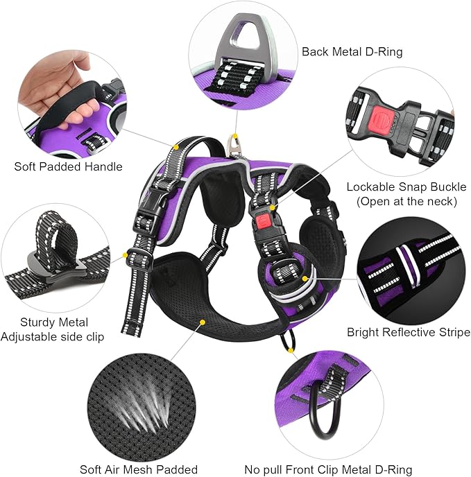 Timos Dog Harness Medium Sized, No Pull with Neck Lockable Snap,No Choke Front Clip Dog Reflective Harness,Adjustable Metal Rings 3 Buckles,Easy Control Handle for Medium Dogs Purple M