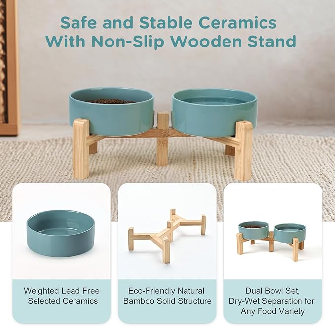 SPUNKYJUNKY Elevated Dog Bowls Ceramic, 5.1'' Dogs and Cat Food Water Bowls Raised with Non-Slip Bamboo Stand for Puppy Small Sized Breed Microwave Dishwasher Safe - 13.5 OZ,Dark Green