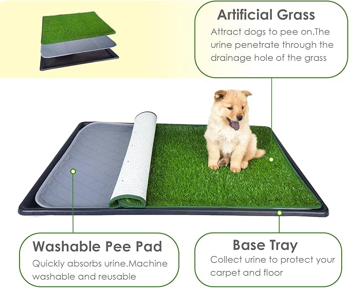 Dewonch Dog Artificial Grass Pad with Tray for Puppy Potty Training, Fake Turf Patch & Washable Pee Pad Pet Loo for Small and Medium Dogs, Indoor or Outdoor Use (Potty System 35.4” x 23.6”)