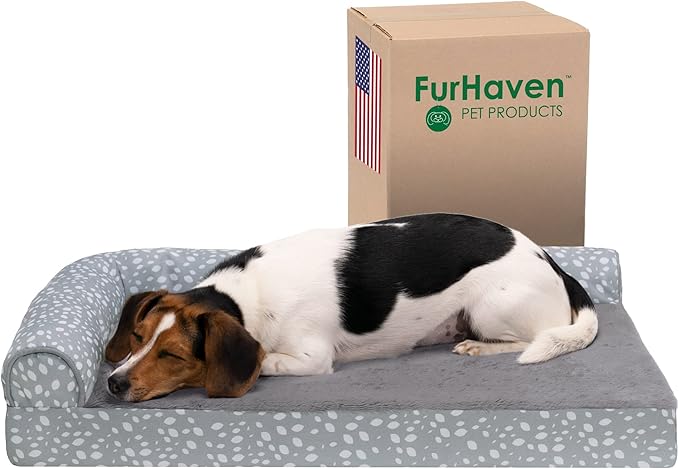FurHaven Supportive Cooling Memory Foam L Chaise Dog Bed with Washable & Removable Cover - Plush & Almond Print - Gray Almonds, Dogs Up to 35 lbs - Medium
