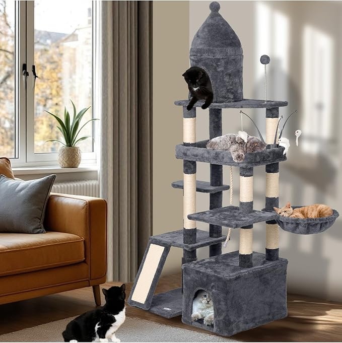 Large Cat Tree Tower for Large Cats, Cat Scratching Post, Self Grooming Post, Interactive Cat Toys, Oversized Perch and Basket, Heavy Duty 72", Dark Grey