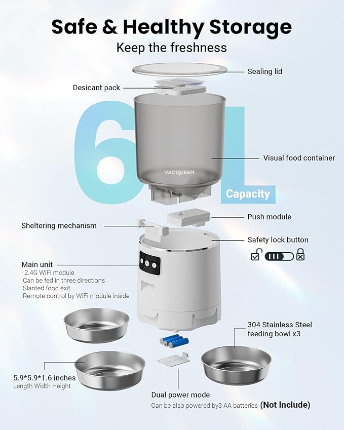 Automatic Cat Feeder for 3 Cats, 6L/25 Cups Smart WiFi Pet Feeder, Strong Anti-Jam System, Dual-Effect Desiccant Cat Food Dispenser, with 10S Voice Recorder for Cats and Small Dog(White)