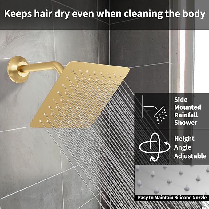 Brushed Gold Shower System Set Temperature Display Push Button Shower Faucet with 12 inch and 8 inch Wall Mount Full Body Shower Head and Handheld Shower