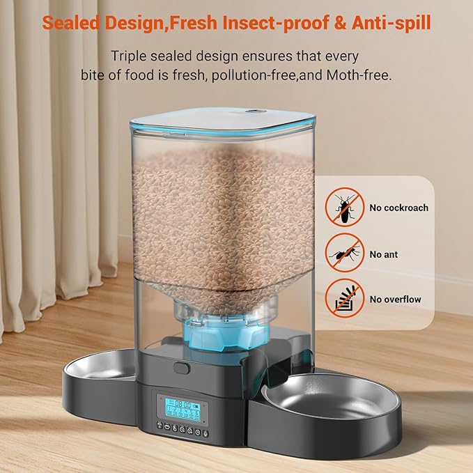 HoneyGuaridan 5L Automatic Cat Feeder for Two Cats, Cat Food Dispenser with Stainless Steel Bowl,Timed Feeder Programmable 1-6 Meals Control, Dual Power Supply,Desiccant Bag Black