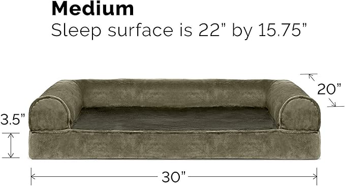 FurHaven Soft, Orthopedic Foam Sofa Dog Bed with Washable & Removable Cover - Faux Fur/Velvet - Dark Sage, Dogs Up to 35 lbs - Medium