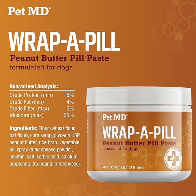 Pet MD Wrap A Pill Peanut Butter Flavored Pill Paste for Dogs - Make a Pocket to Hide Pills and Medication for Pets - 59 Servings
