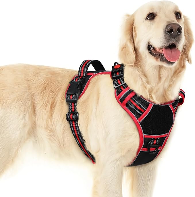 Eagloo Dog Harness for Large Dogs, Easy Wearing with 3 Buckles, Adjustable No Pull Pet Harness with 2 Rings for Walking, No Chock Reflective Soft Padded Vest with Control Handle, Black & Red, L