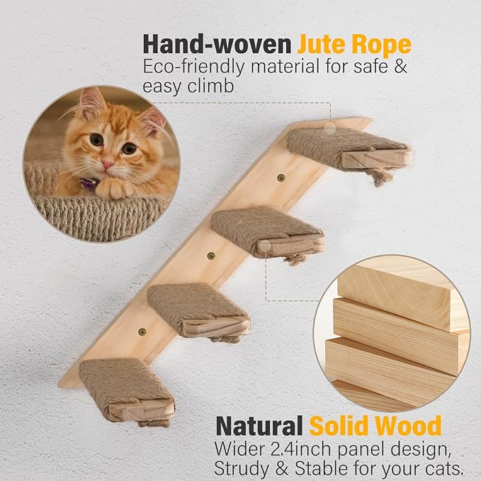 4-Step Cat Wall Shelves and Stairs With Sisal Rope - Improved & Stronger Tree Supplies, Large, Brownish White