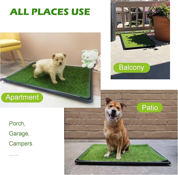 Dewonch Dog Artificial Grass Pad with Tray for Puppy Potty Training, Fake Turf Patch & Washable Pee Pad Pet Loo for Small and Medium Dogs, Indoor or Outdoor Use (Potty System 35.4” x 23.6”)