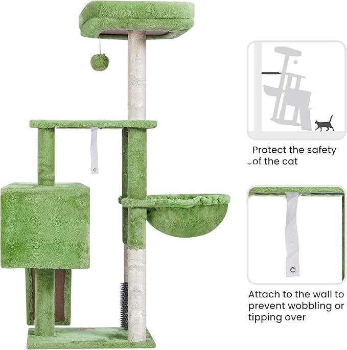 Heybly Cat Tree with Cat Self Groomer Brush, Cat Tower Condo for Indoor Cats with Padded Plush Perch, Cat House with Basket Scratching Board Post, Green HCT005SGR