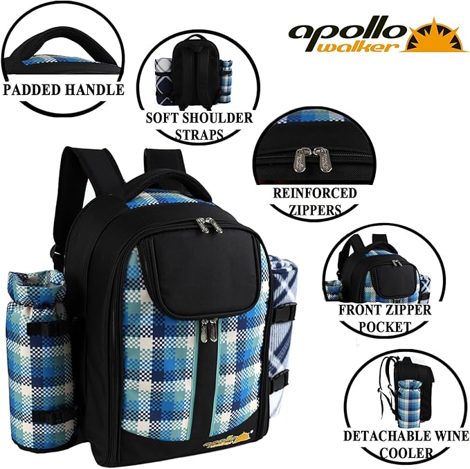 apollo walker Picnic Backpack Bag for 2 Person with Cooler Compartment, Detachable Bottle/Wine Holder, Fleece Blanket, Plates and Cutlery Set