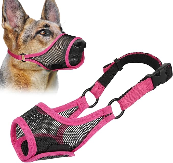 LUCKYPAW Dog Muzzle, Mesh Muzzle for Large Medium Small Dogs, Soft Mouth Guard for Biting Chewing, Breathable Mouth Guard with Adjustable Strap for Training(Hot Pink, XL(Snout:11"-12.25"))