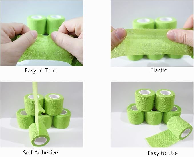 6 Pack 2" x 5 Yards Self Adhesive Bandage Wrap Breathable Cohesive Vet Wrap for Pets, Elastic Self-Adherent Tape for Sports, Wrist, Ankle (Green)
