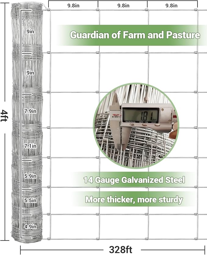 Cattle Farm Fence, 4ft x 328ft Galvanized Wire Fencing for Goat Deer Hog Yard Livestock Animals Protection