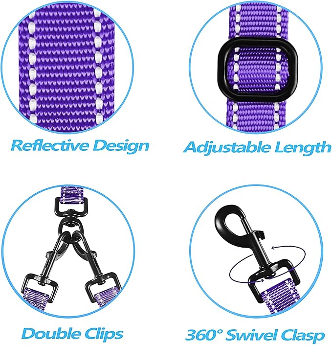 PetBonus Double Dog Leash, No Tangle Dual Leash, Reflective Walking Training Lead, 4 Comfortable Padded Handles for 2 Dogs with Collapsible Bowl and Waste Bags (Purple, Large)