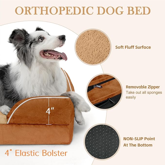 Comfort Expression Medium Dog Beds Waterproof Orthopedic Foam Dog Sofa Beds for Medium Large Dogs Comfy Pet Bed with Washable Removable Cover & Non-Slip Bottom(Medium,Caramel)