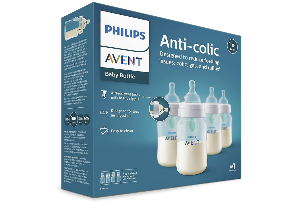 Philips Avent Anti-Colic Baby Bottle with AirFree Vent, Medium Flow 2 Nipple, 1m+, 9oz, 4 Pack, Pink, SCY703/14