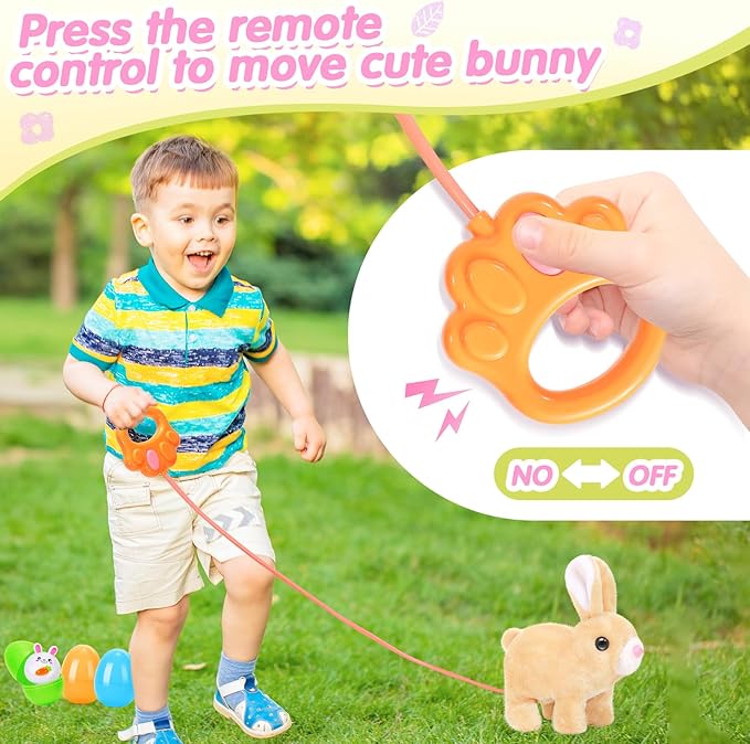 Plush Bunny Easter Toys for Kids,Interactive Bunny with Sounds,Can Walk,Wag Tail and Twitch Nose with Remote Control Leash,Easter Eggs with Pull Back Cars,Easter Birthday Gift for Toddlers