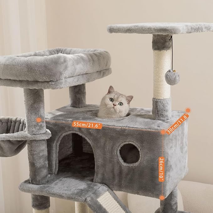 73 inches Large Cat Tree for Indoor Cats, Tall Cat Tower with Sisal Scratching Posts and Pads, Padded Plush Perch, Cozy Basket, Plush Condo for Large Cats (Grey)