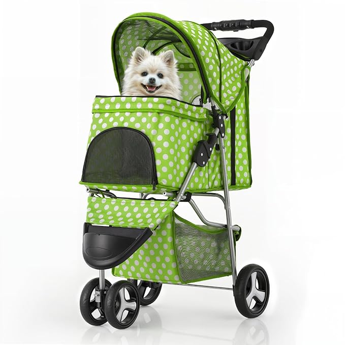 MoNiBloom 3 Wheels Pet Dog Cat Stroller for Small Medium Dogs Cats, Foldable Jogger Stroller w/Storage Basket and Cup Holder, Lawn Green Polka Dots