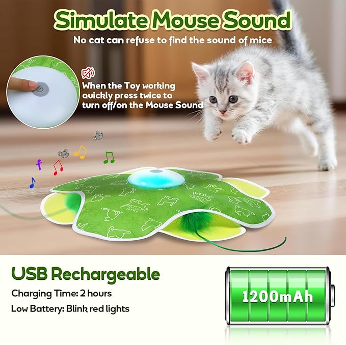 Interactive Cat Toys, Motion Activated, Moving Feather, Real Mouse Squeaky, Hide and Seek Cat Toys for Indoor Cats