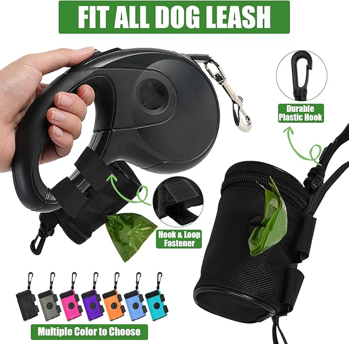Dog Poop Bag Holder for Leash Attachment - Waste Bag Dispenser for Leash - Fits Any Dog Leash - Portable Set with Hand Free Holder Metal Carrier, Black Round Shape