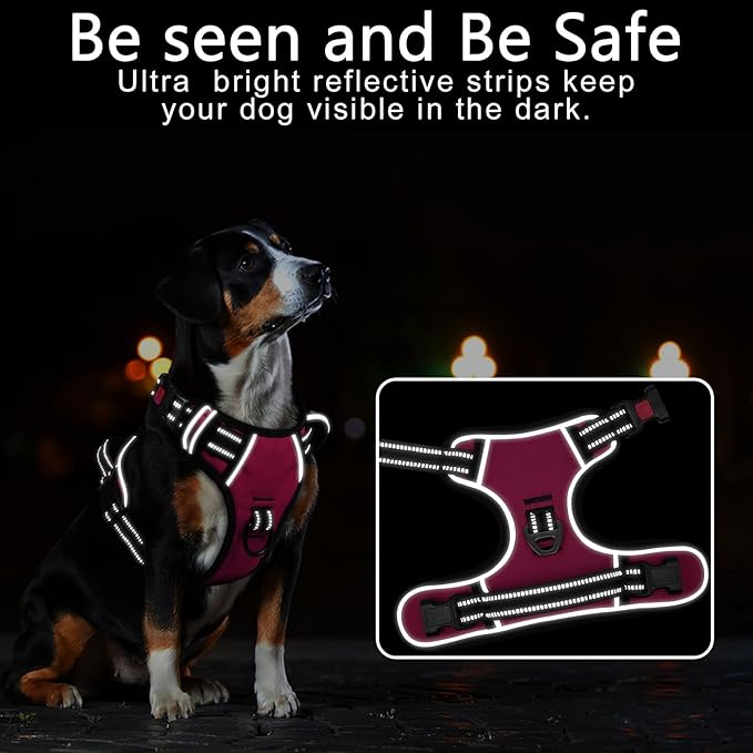 Timos Dog Harness, 3 Snap Buckles No-Pull Soft Padded Dog Vest with 2 Metal Leash Clips, Adjustable Reflective No Choke Pet Harness with Easy Control Handle for Extra Large Dogs,Rosy,L