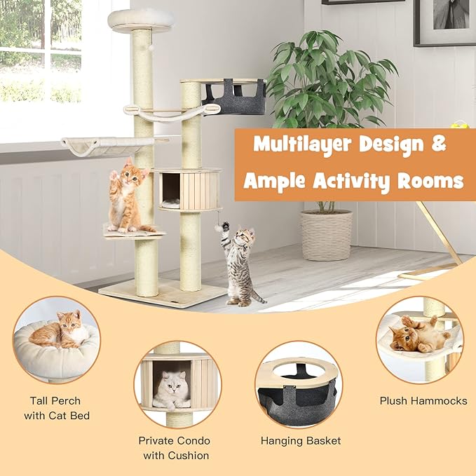 PETSITE 77.5" Tall Cat Tree, Multi-Level Modern Cat Tower with Sisal Scratching Posts, Top Perch, Cat Condo, Hammocks, Hanging Basket, and Jingling Balls, Cat Tree Tower for Indoor Cats Large Adult
