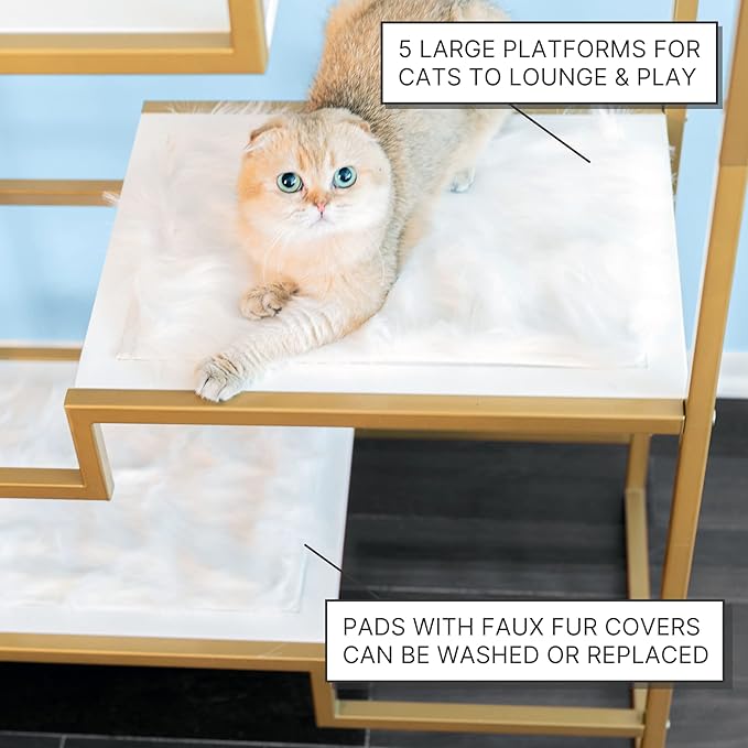 THE REFINED FELINE 62 Inch Tall Metropolitan Cat Condo, Gold Metal Frame Cat Tower, Multi-Level Modern Cat Tree for Indoor Cats, Brown Platforms with Gray Replaceable Cushions & Scratching Post