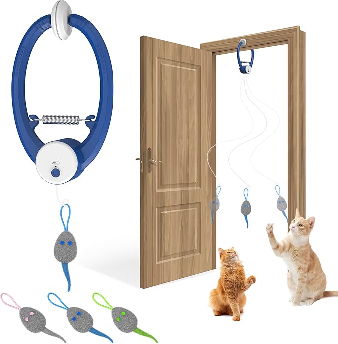 Cat Toy Interactive for Indoor Cats, Smart USB Rechargeable Door Hanging Automatic Retractable Kitten Toys, Teaser Electronic Self Play Feather Cat String Toys Attached with 3 Catnip Mice Blue