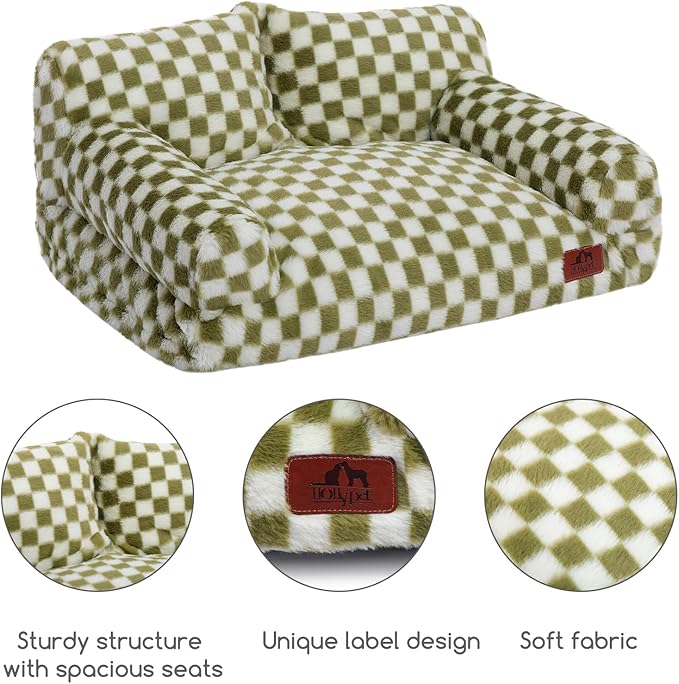 Hollypet Fluffy Plush Dog Cat Pet Couch Soft Calming Sofa Bed for Medium Small Cats and Dogs, Green and White