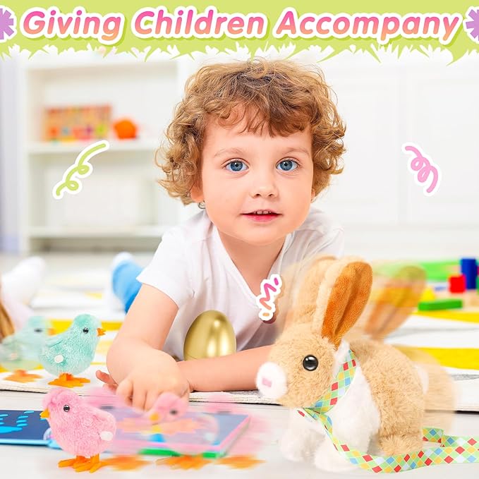 Tagitary Plush Easter Bunny Toys for Kids,Hopping Interactive Rabbit with Leash,Golden Egg,and Wind Up Toys,That Making Sounds,Wiggling Ears,Twitching Nose,Easter Basket Stuffers Gift for Toddlers