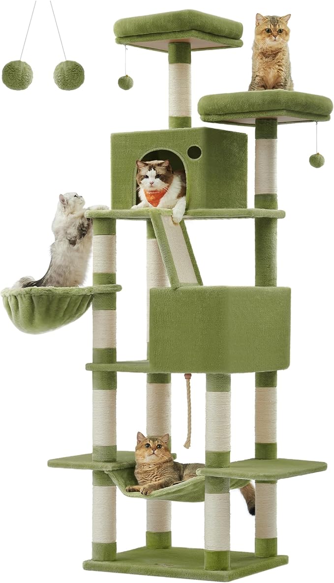 Feandrea Cat Tree, 81.1-Inch Large Cat Tower with 13 Scratching Posts, 2 Perches, 2 Caves, Basket, Hammock, Pompoms, Multi-Level Plush Cat Condo for Indoor Cats, Green UPCT190C01