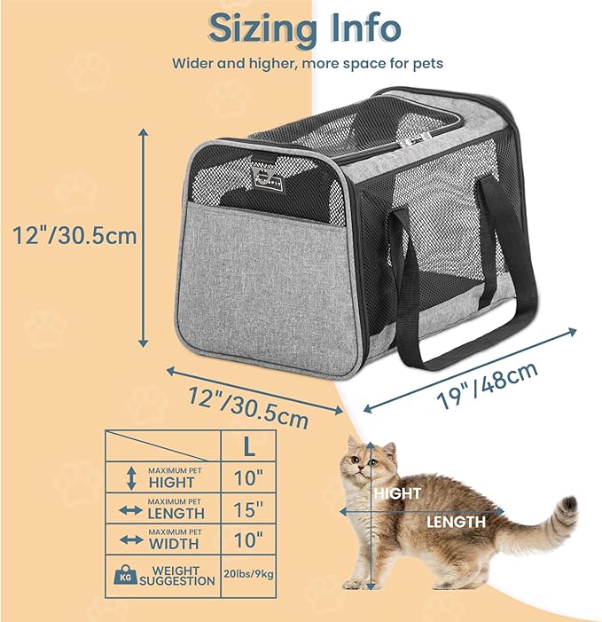 Petsfit Cat Carrier Small Dog Carrier, Lightweight Portable Soft Pet Carrier for Large and Medium Cats, 5-Sided Breathable Mesh, Escape Proof and Auto-Safe, Sturdy Structure