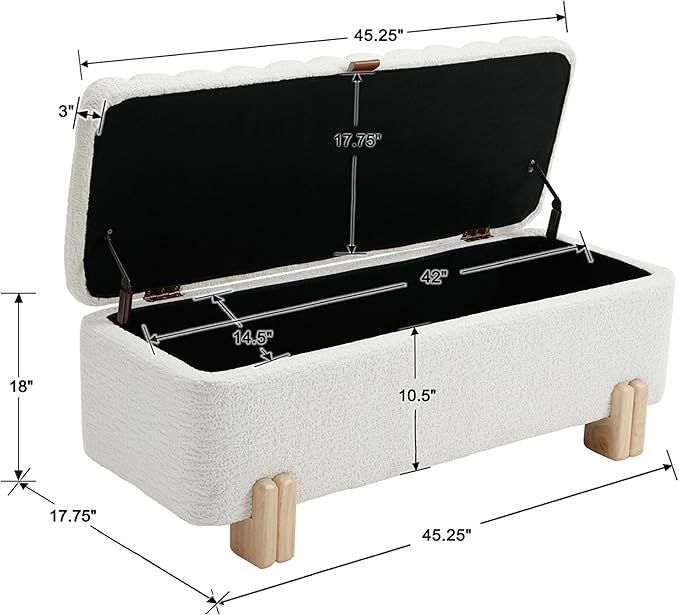 Wavy Ottoman Storage Bench Multi-Functional Narrow Entryway Bench Elegant End of Bed Bench with Storage and Safty Hinge for Living Room Entryway Hallway Bedroom Boutique, White