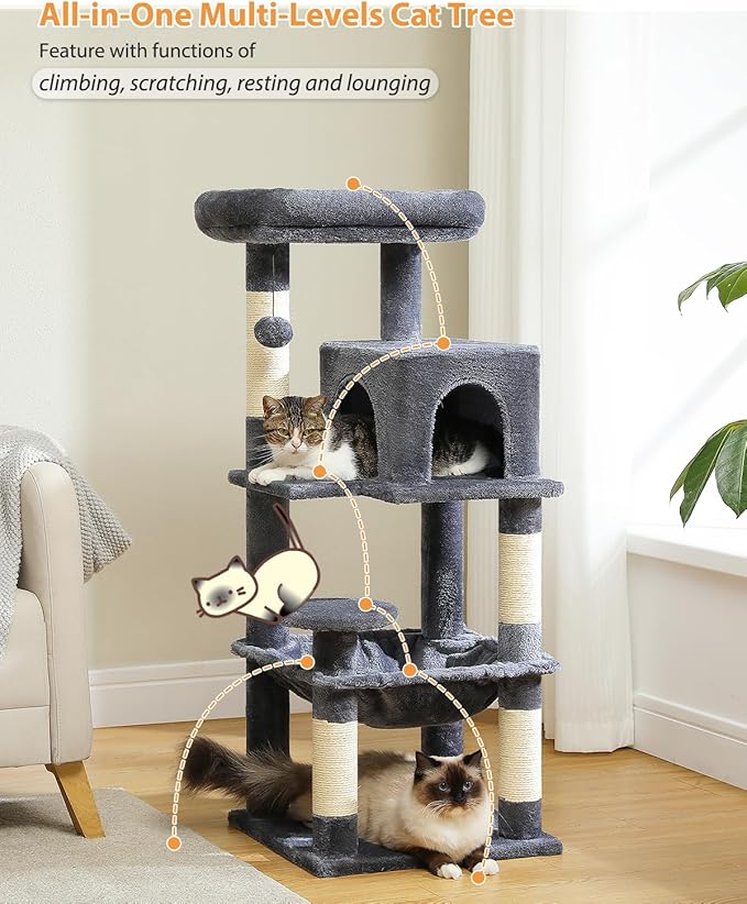 PETEPELA 45.7" Cat Tree for Indoor Cats, 5-Level Cat Tower for Large Cats with Metal Frame Large Hammock (17.3"x15.3"), Cat Condo with (18.5"x13") Big Top Perch & 4 Sisal Covered Scratching Post Dark