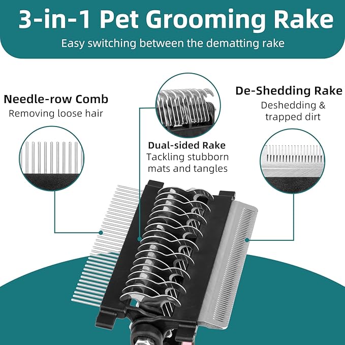 3-IN-1 Pet Grooming Tool - Undercoat Rake, Dematting Comb & Deshedding Brush for Cats & Dogs - Removes Mats, Tangles & Loose Fur, Reduces Shedding & Prevents Hair Mess (Pink)