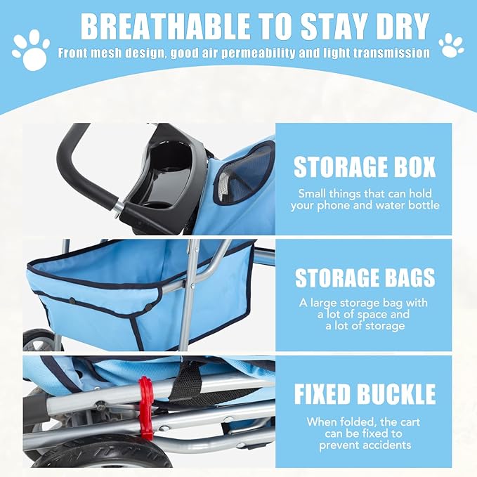 Dog Stroller, Folding 4 Wheels Pet Stroller for Small Medium Dog Cat Travel Carrier with Weather Cover Storage Basket Cup Holders Blue