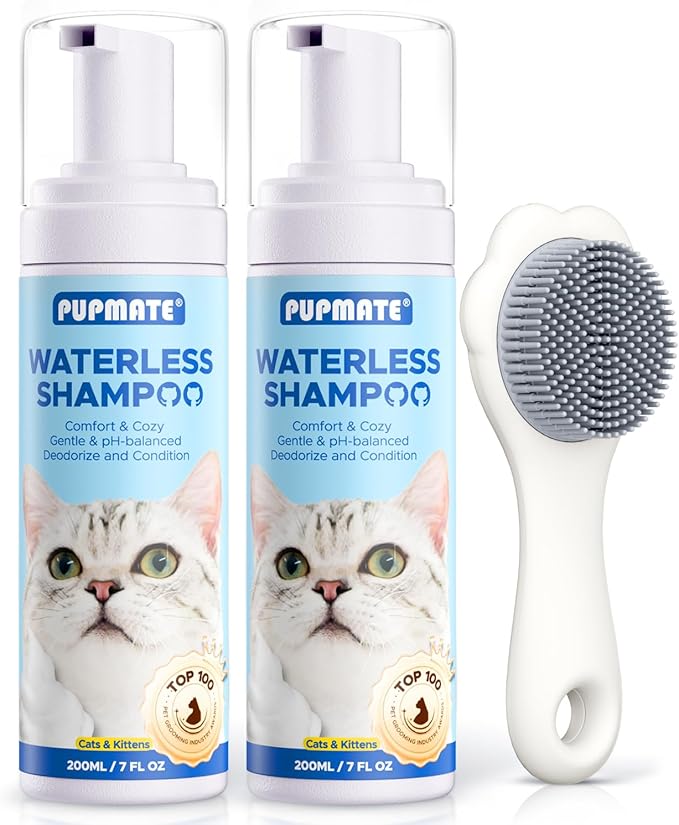 Waterless Cat Shampoo with Cat Brush - No Rinse Foam Dry Shampoo | Deep Cleansing Relieves Itchy Skin & Shedding | Gentle, pH-Balanced for Kittens Sensitive Skin | Specifically for Cat Bath | 7 oz*2