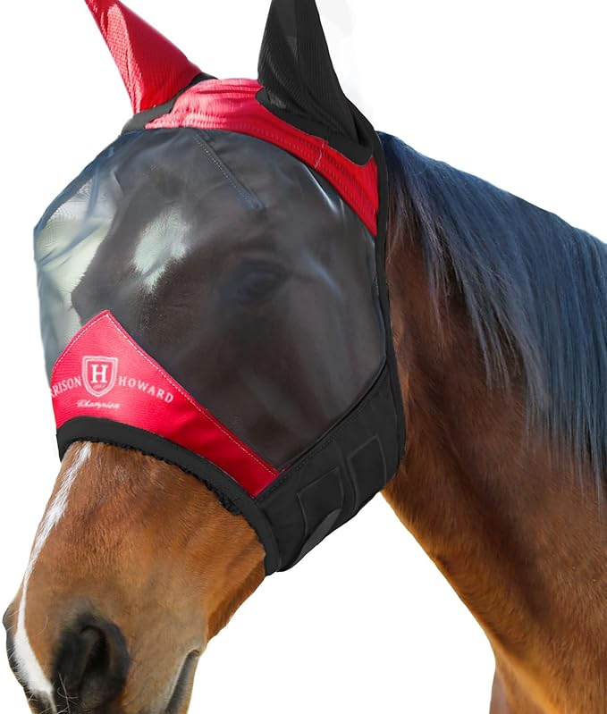 Harrison Howard Pro Luminous Horse Fly Mask Standard with Ears UV Protection for Horse Scarlet Red/Black Medium Cob