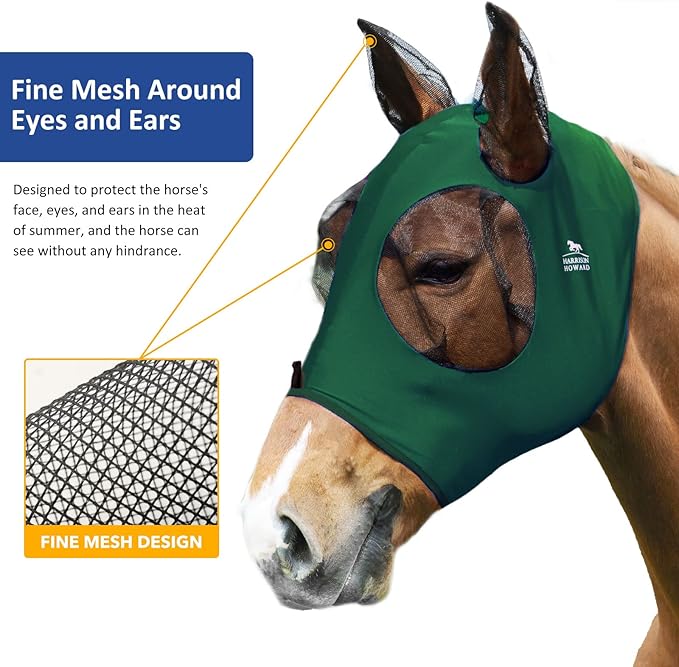 Harrison Howard Super Comfort Stretchy Fitting Horse Fly Mask with UV Protection Soft on Skin with Breathability Deep Green Pony