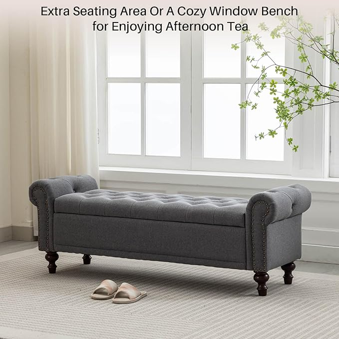 58.1'' Storage Bench Upholstered Linen End of Bedroom Bed Bench Ottoman with Tufted Cushioned Rolled Arm Large Storage Space for Reading Living Room Entryway, Grey