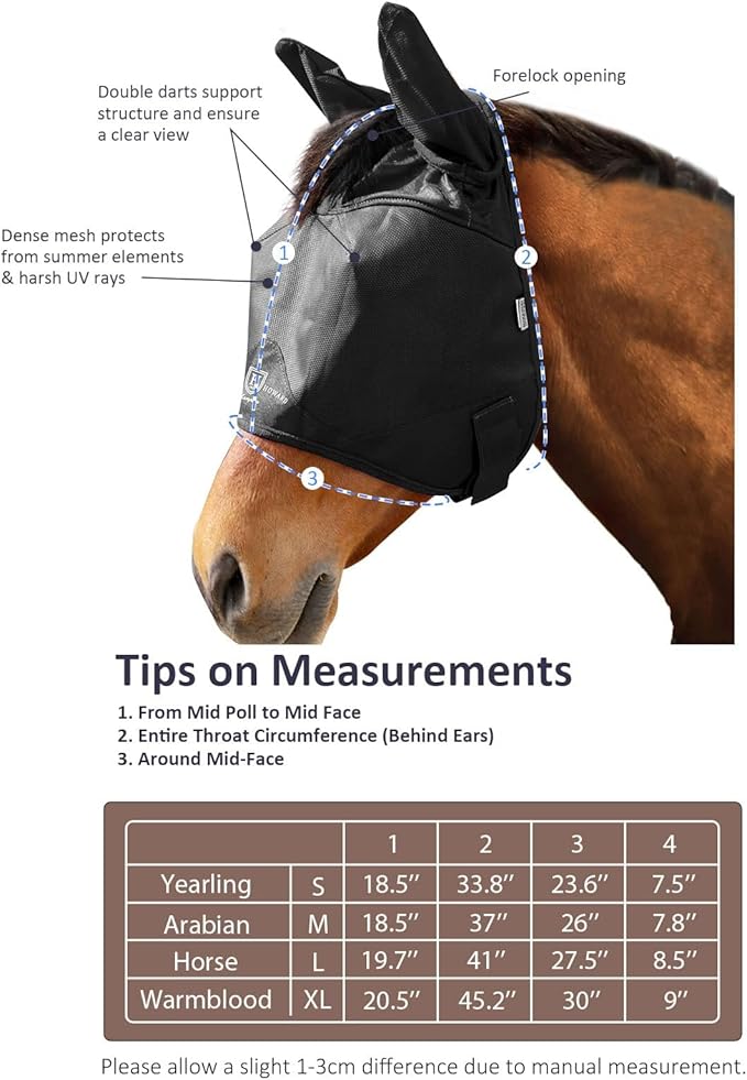 Harrison Howard UV-proof Multi-Function Fabrics Thick Fleece Padding Horse Fly Mask Half Face with Ears Black Warmblood Extra Large