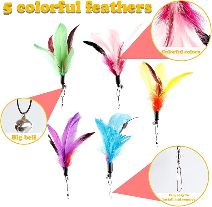 Cat Feather Toys Interactive Cats - Dorakitten Cat Powerful Suction Cup Handheld Teaser Wand Toy and 5PCS Replacement Feather with Bell for Kitty Kitten Scratching Exercise Indoor