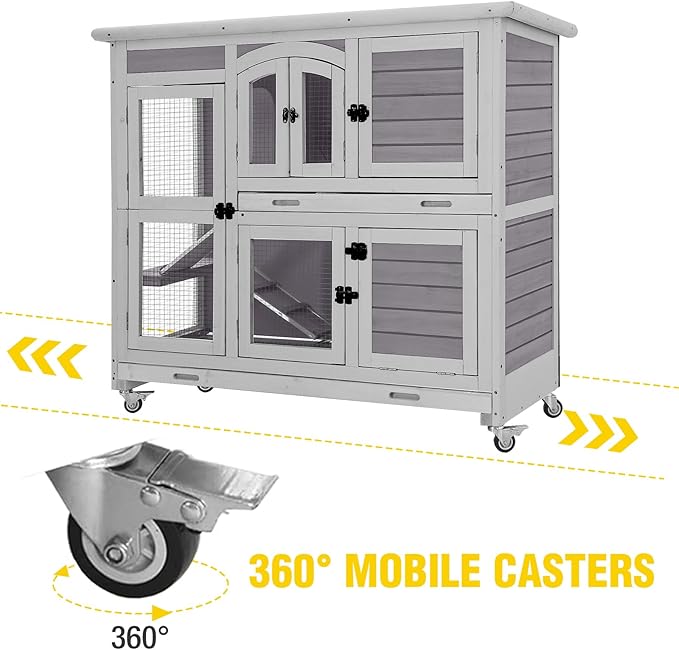 Aivituvin Rabbit Hutch Indoor, Bunny Cage with Wheels, 2-Story Design, 2 Deep Trays, Anti Slip Ramp, Ideal for Small Animals - Grey