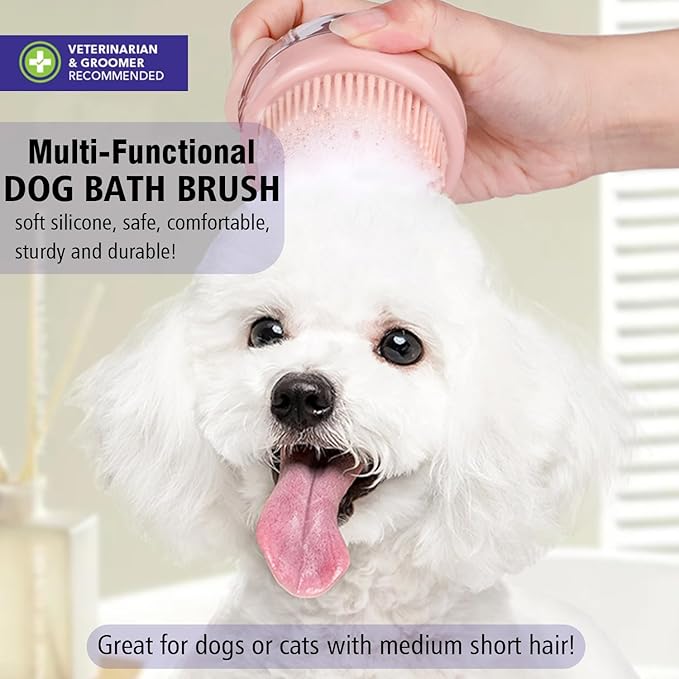 Dog Bath Scrubber Brush, 2 PCS Pet Dog Grooming Massage Shampoo Bath Brush with Soap and Shampoo Dispenser Soft Silicone Bristle for Long Short Haired Dogs Cats Shower
