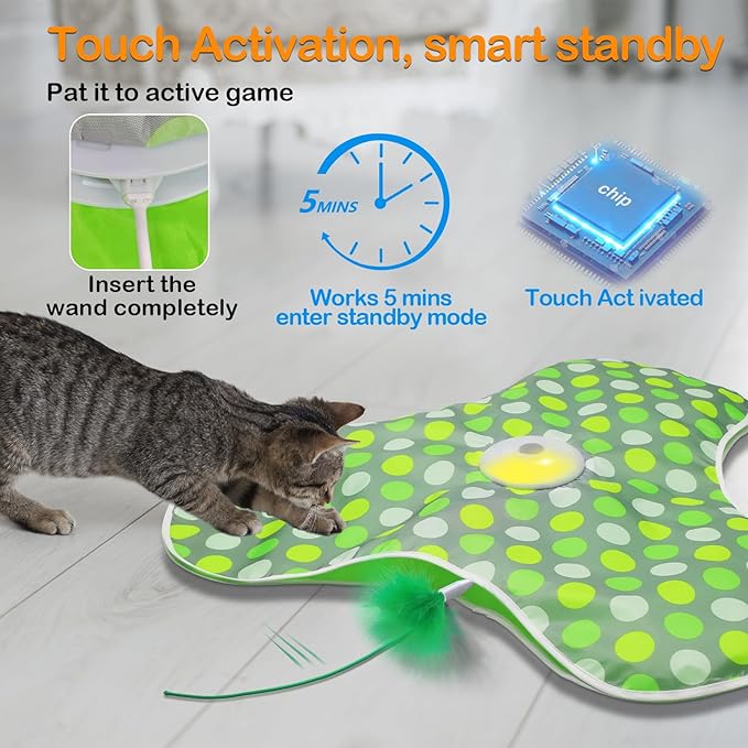 Interactive Cat Toys Rechargeable,Moving Concealed Feathers,Real Mouse Squeaky,Touch Activated Cat Kitten Toy Exercise Toys for Indoor Bored Adult Cats