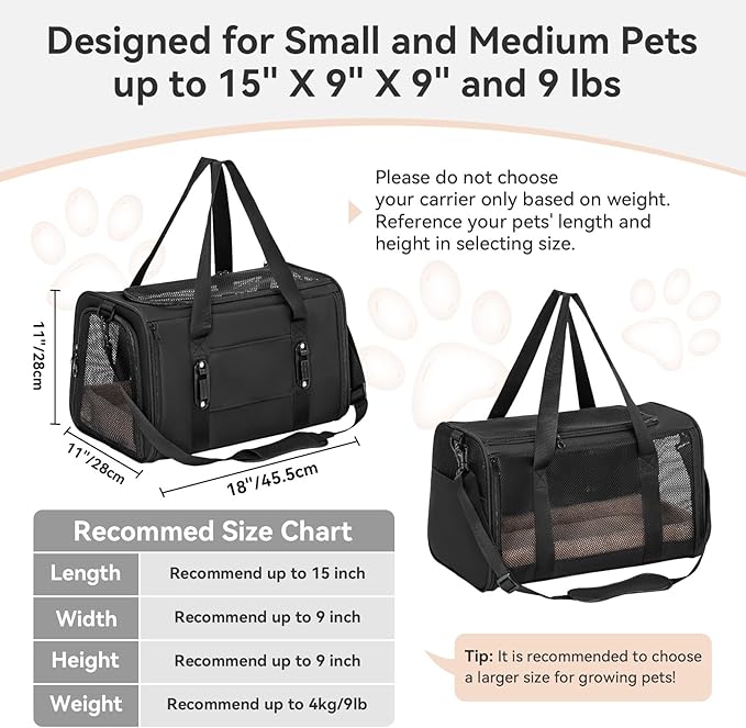 PETSFIT Soft-Sided Cat Carriers & Car Seats with Patent Safe Buckles, Clip-On Harness, 18"x11"x11" Airline Approved Pet Carrier - 9 lbs Capacity (Black)