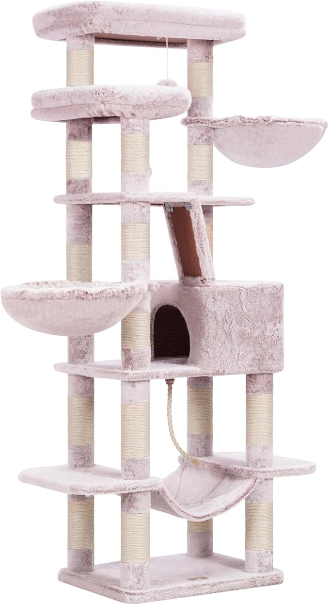 Heybly Cat Tree, 68 inch Multi-Level Cat Tower for Indoor Cats, 2 Widened Plush Perches Cat Condo with Scratching Board and Big Caves, Muchroom HCT025MU